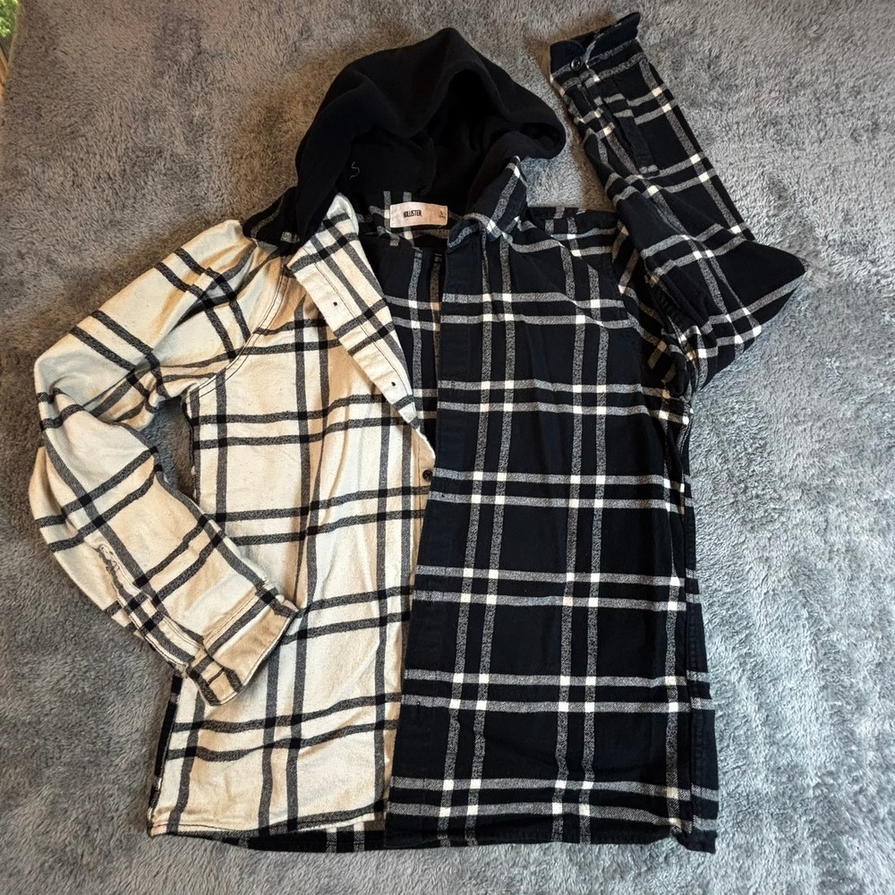 Hollister Mens Black White Two Tone Plaid Hooded Flannel Shirt Large 32552332